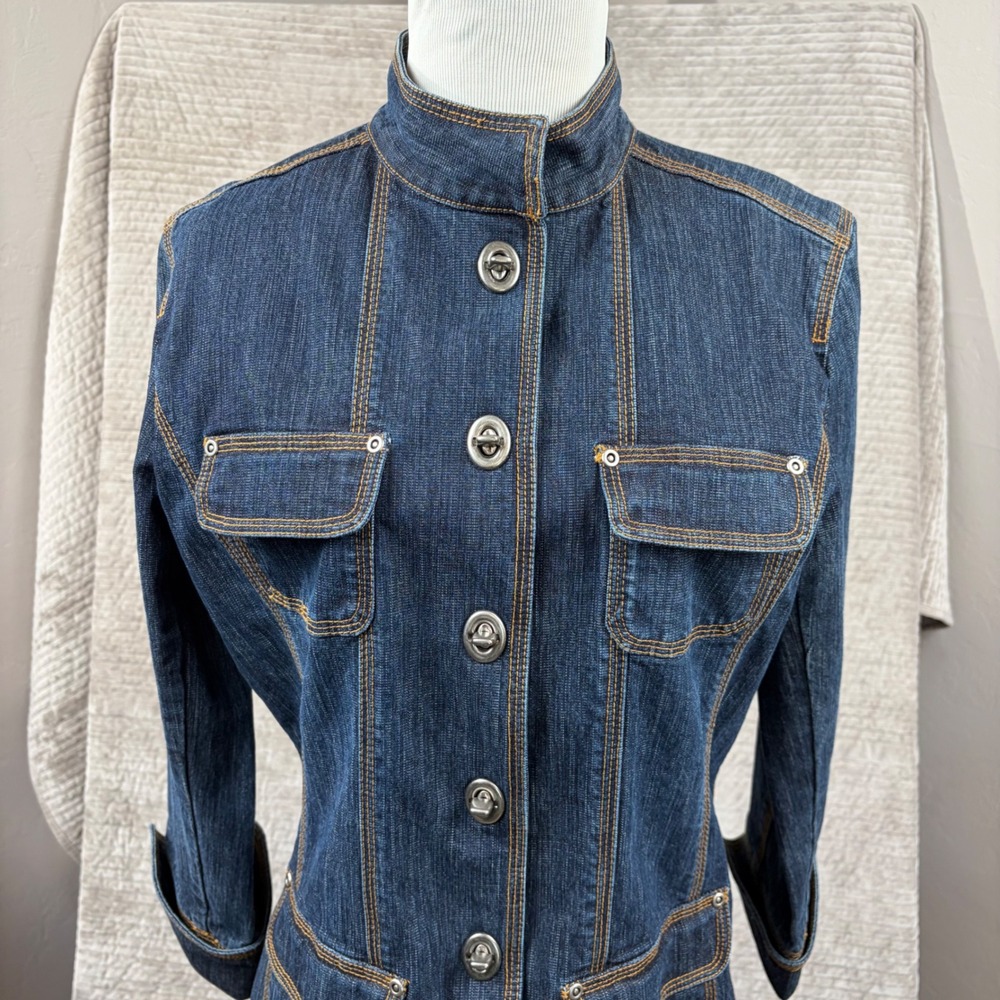 Chicos Denim Dark Wash Mock Neck Turn Lock Utility Jacket Blue Size 1 Medium